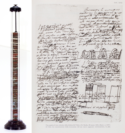 Imagem da esquerda: Pilha de Volta do Gabinete de Fsica.<br>Imagem da direita: Apontamentos de Volta, Epistolario di Alessandro Volta, Vol.III, 1951, BGUC