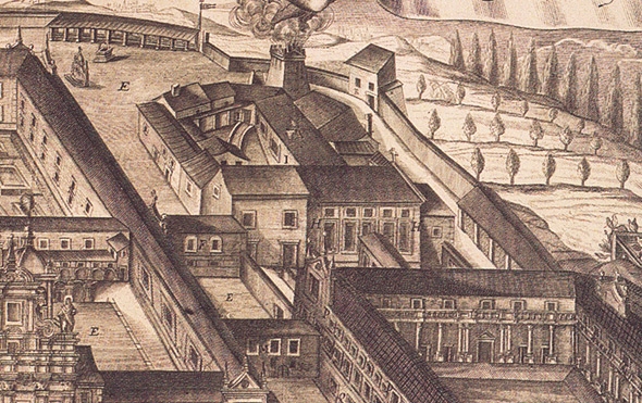 Pormenor do refeitrio, gravura do complexo jesuta de Coimbra, Carolus Grandi 1732, Biblioteca Nacional